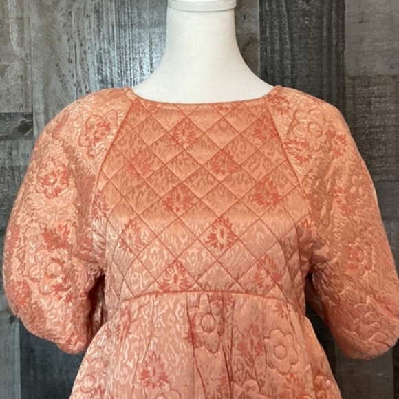 Kimchi Blue Astrid Coral Textured Floral Mini Babydoll Dress Puff Sleeves S - Picture 14 of 14